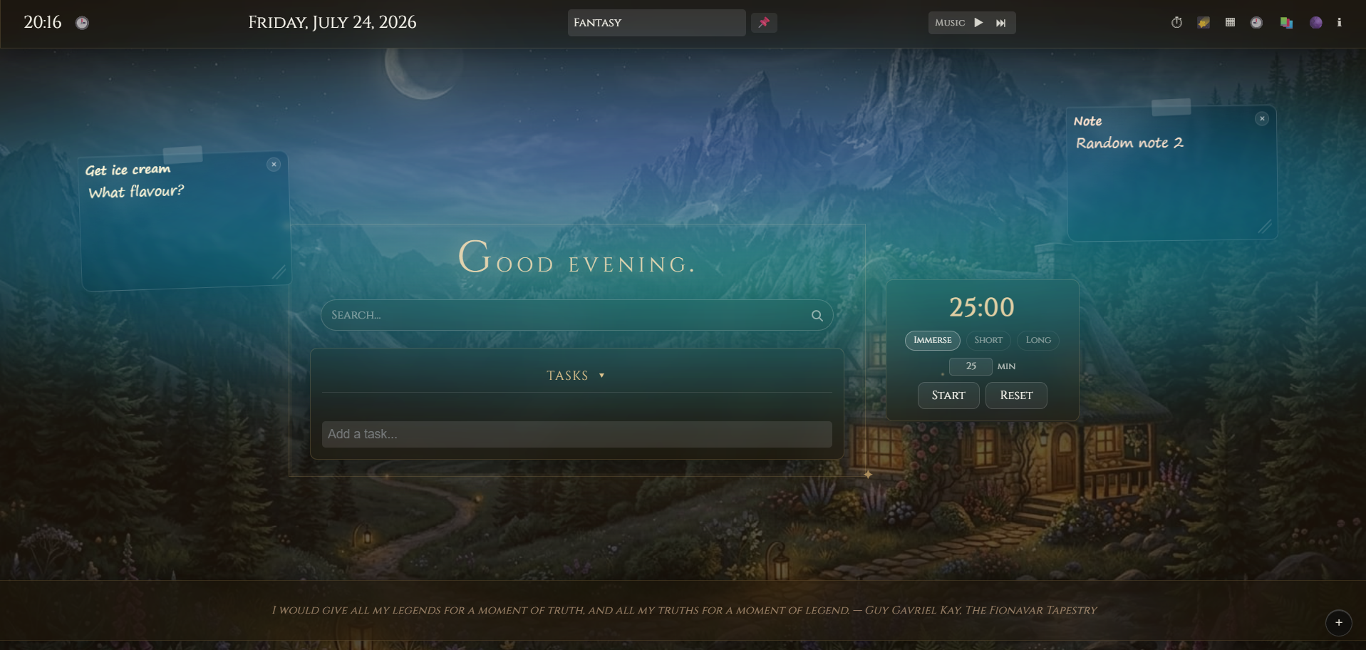 Revelation Tab fantasy theme with sticky notes, task panel, Pomodoro timer, and mountain cottage background.