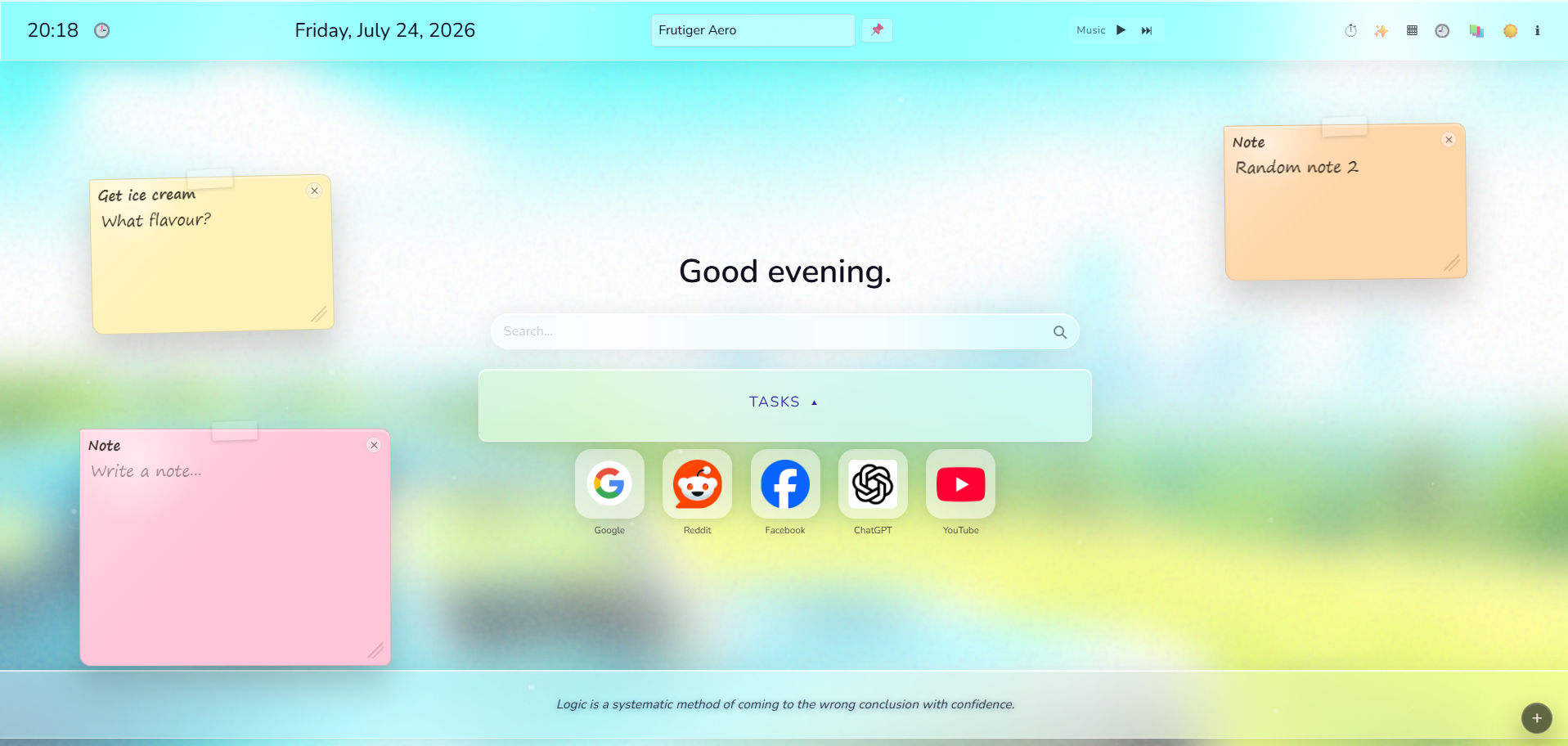 Revelation Tab Frutiger Aero theme with colorful notes, shortcuts, tasks, and bright soft background.