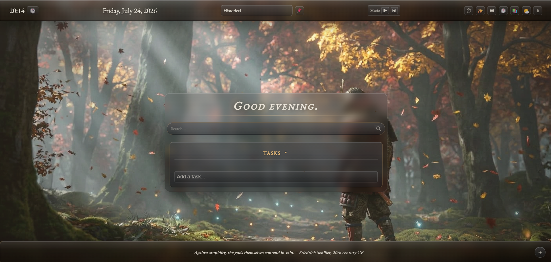 Revelation Tab historical theme with autumn forest, glass task panel, search, and ambient controls.