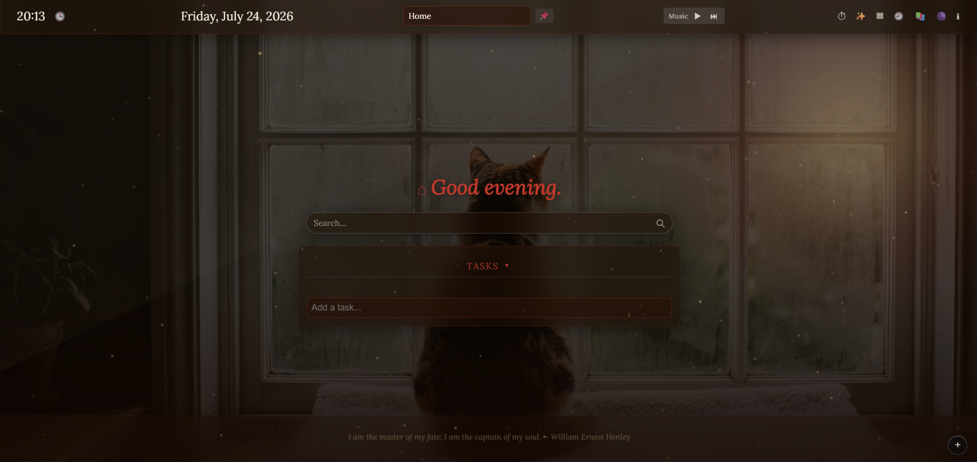 Revelation Tab home theme with a cat background, search, tasks, music controls, and quote footer.