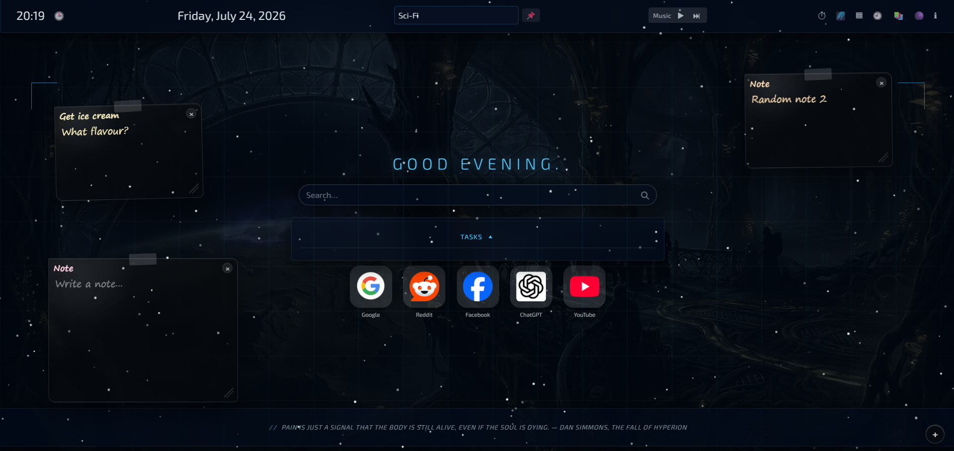 Revelation Tab sci-fi theme with dark notes, shortcuts, task panel, starfield, and grid overlay.