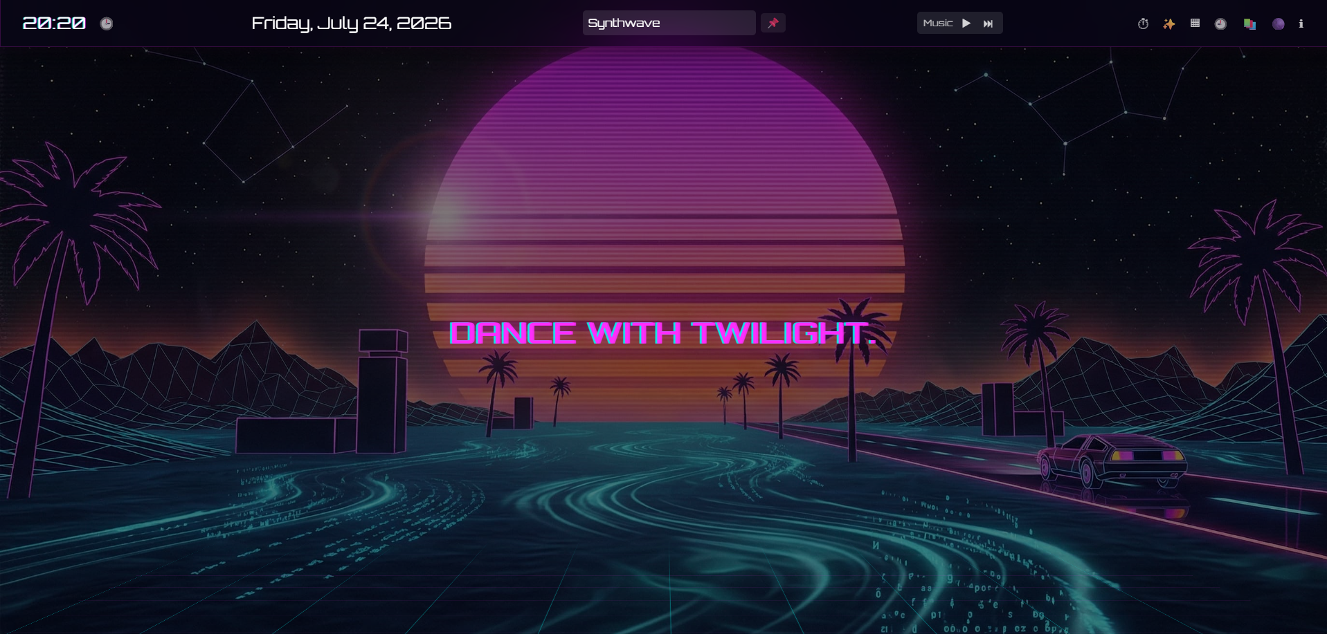 Revelation Tab synthwave theme with neon sunset, music controls, and full-screen retro atmosphere.